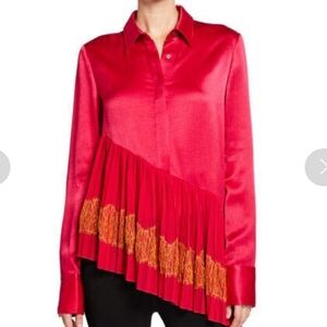 ADEAM Red Silk Satin Pleated Tunic Blouse Shirt Embroidered Top L Japan EUC